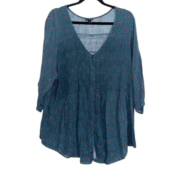 Torrid Womens  4 Blue & Red Peasant Style Blouse W/ Button Front - Picture 1 of 6